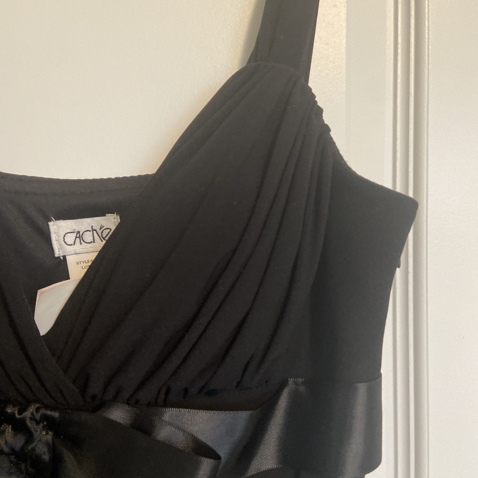 Vintage 90s Cache Black Ruffle Bow Ruched Formal Cocktail Mini Dress 6