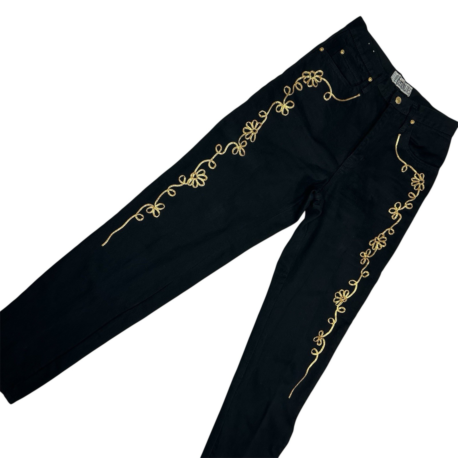 VTG 90s Basic Blues Black High Waisted Mom Jeans Gold Floral Embroidery Size 9