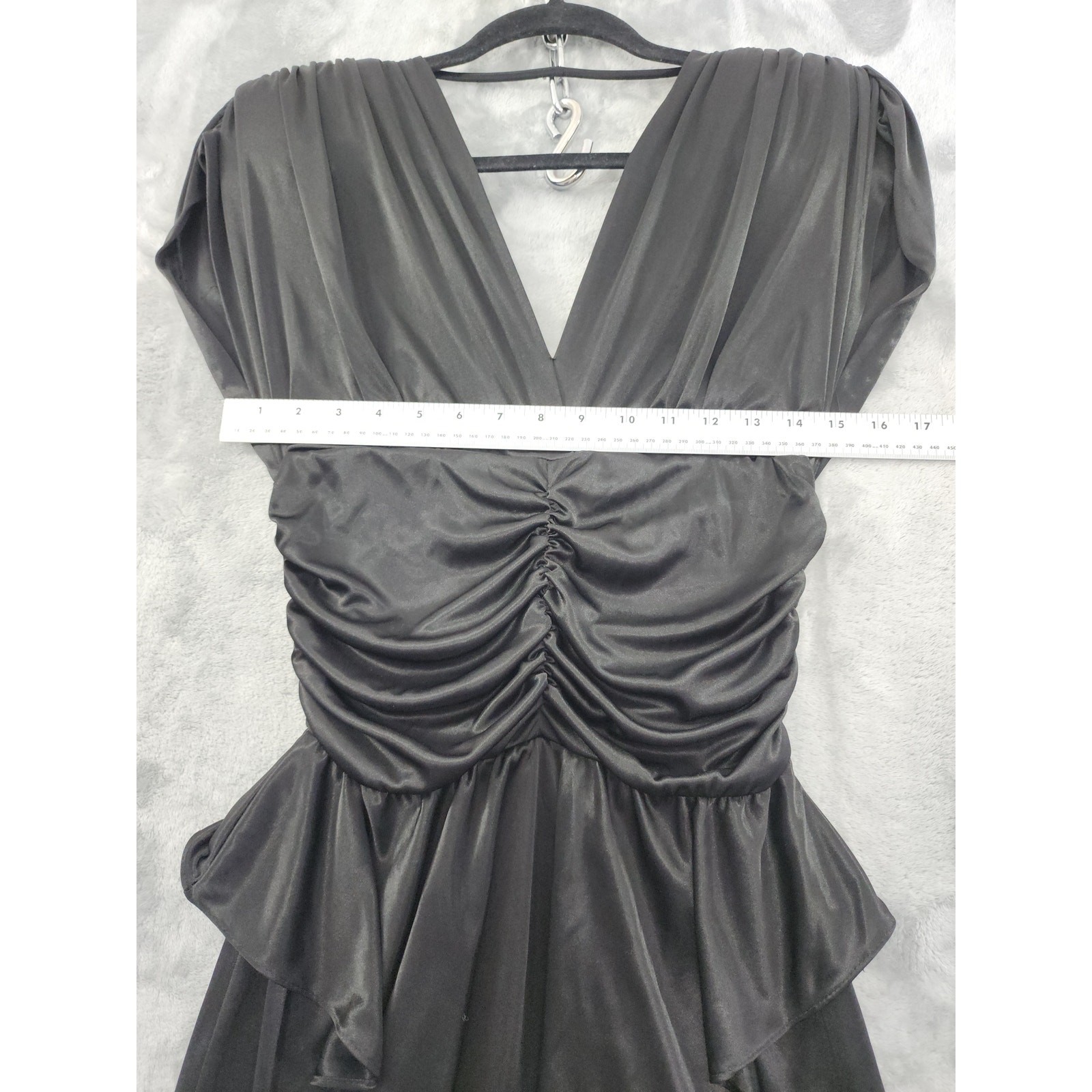Vintage 80s Steppin Out V-Neck Draped Peplum Party Dress Size 11 Black Midi