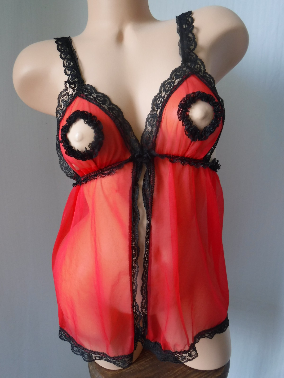 VTG 70s FREDERICKS of HOLLYWOOD Red Chiffon Lingerie Top Nipple Cut Outs S RARE!