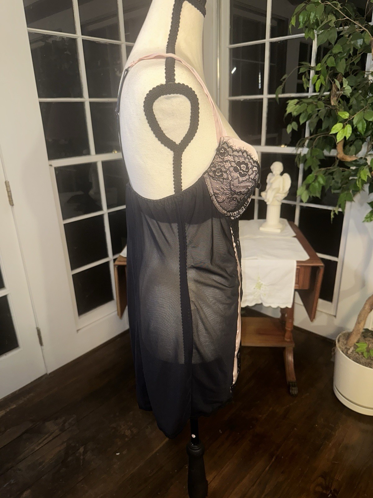 Vintage 90s Large Pink And Black Babydoll Negligee Nightgown Lingerie Lace Sexy