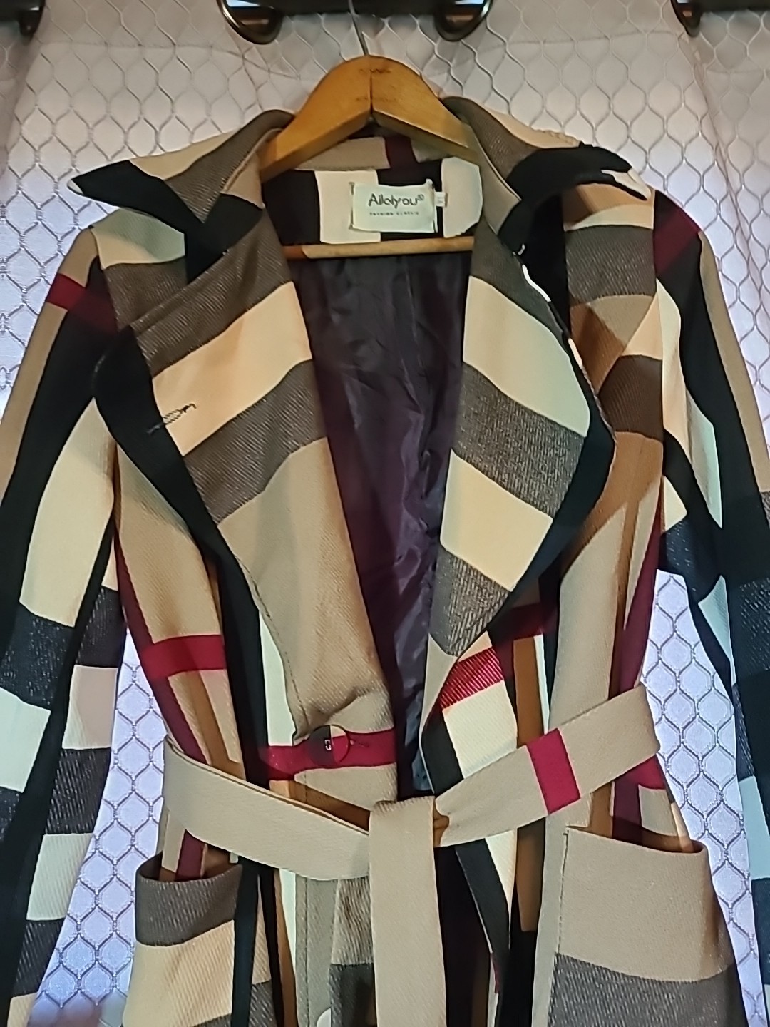 Vintage Allaiyou Classic Plaid Trench Overcoat Women L Belted London Look Rayon