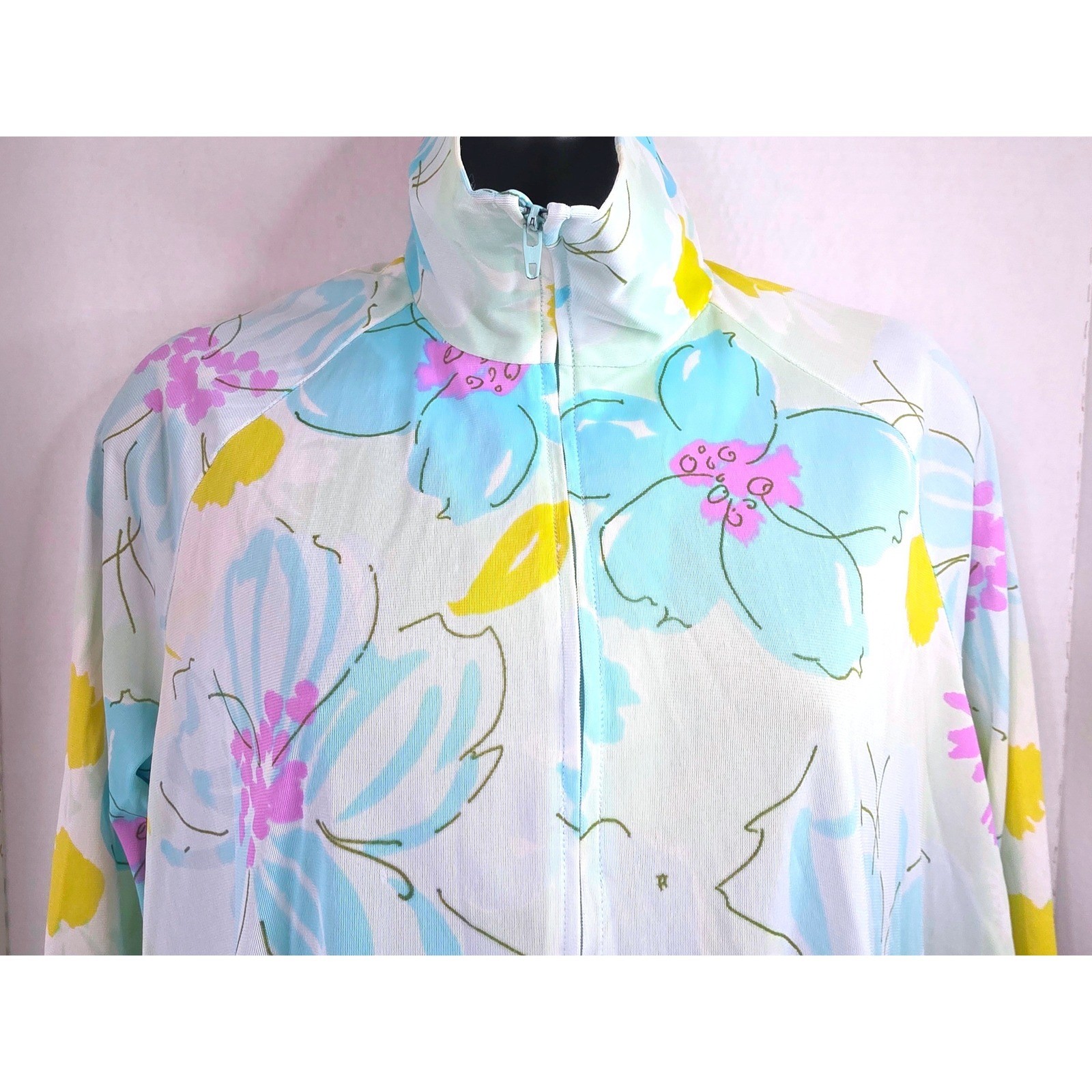 Vintage Miss Elaine Pastel Floral Zip Front House Coat Duster Blue Yellow M/L?