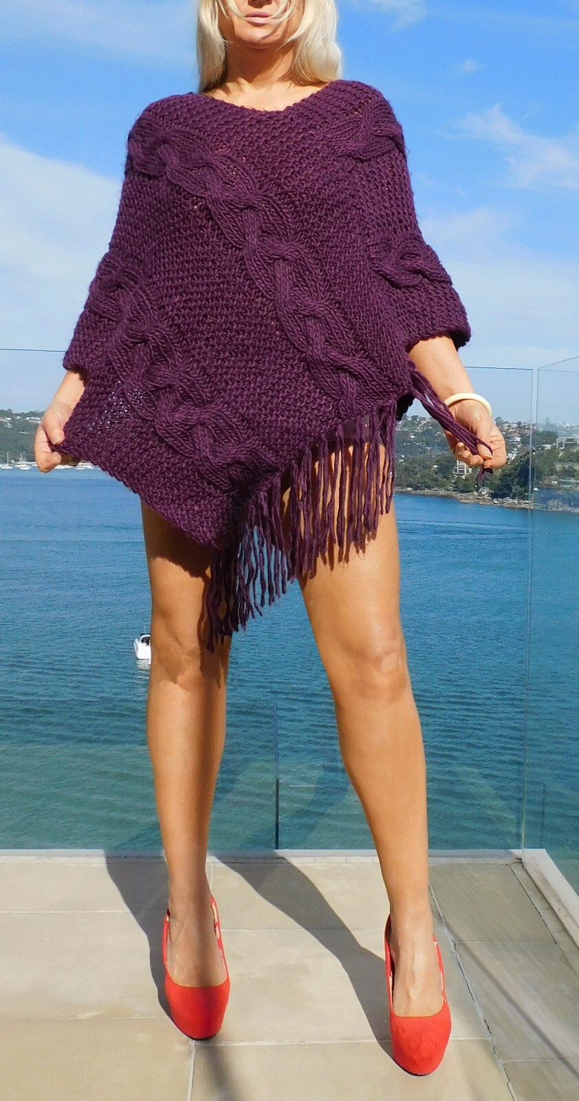 VINTAGE Boho 1970s Original Hippy Textured Crochet Knit Fringed Retro Poncho