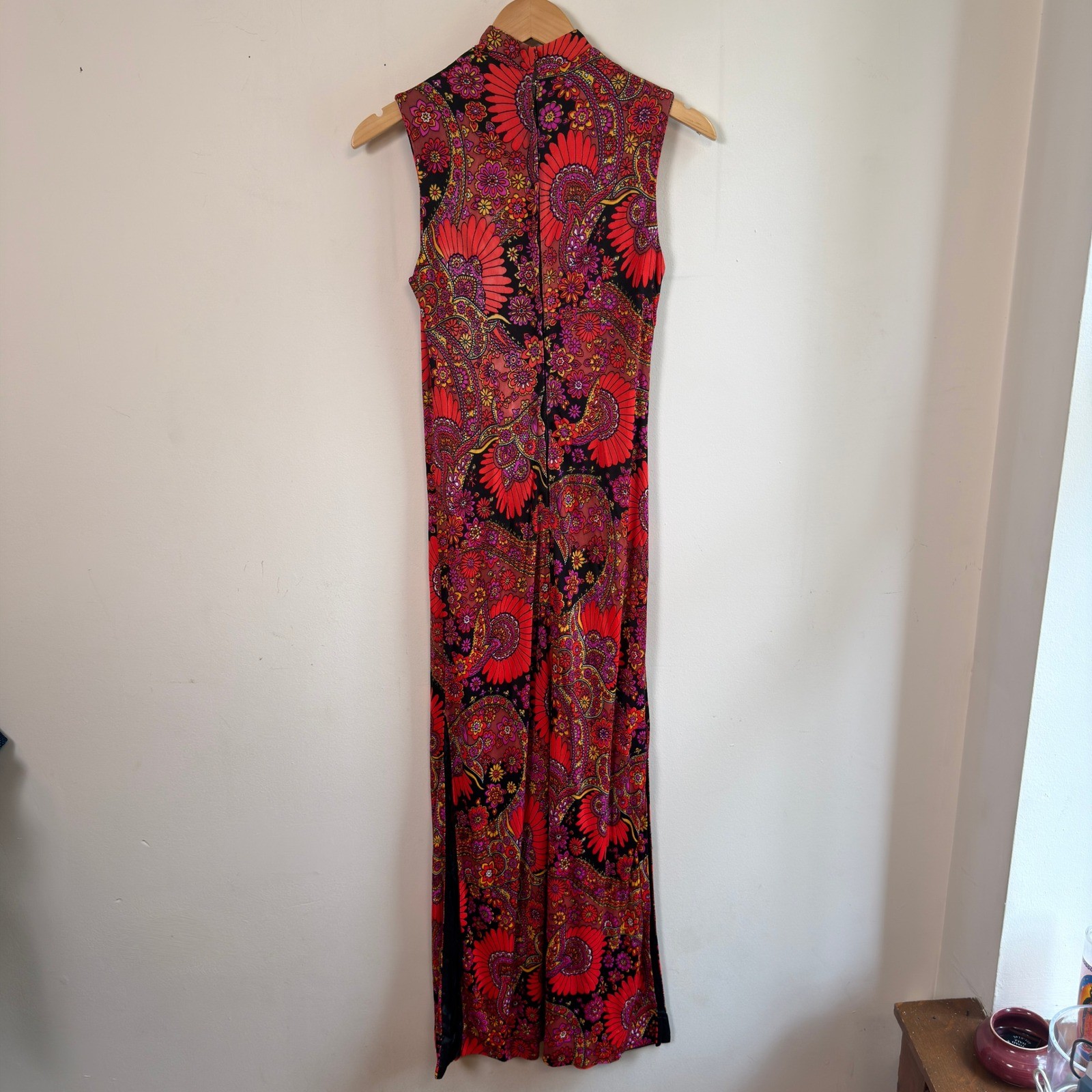 Vintage 60s Psychedelic Cheongsam-style Column Paisley Maxi Dress XS Good