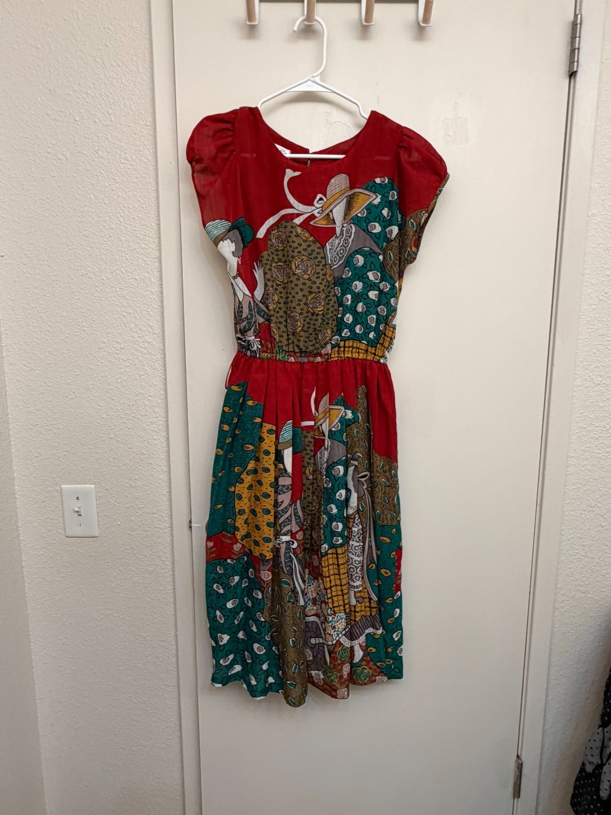 VTG 80s Novelty Art Print Dress Tea Party Rose Lady Pleated Midi Red S M