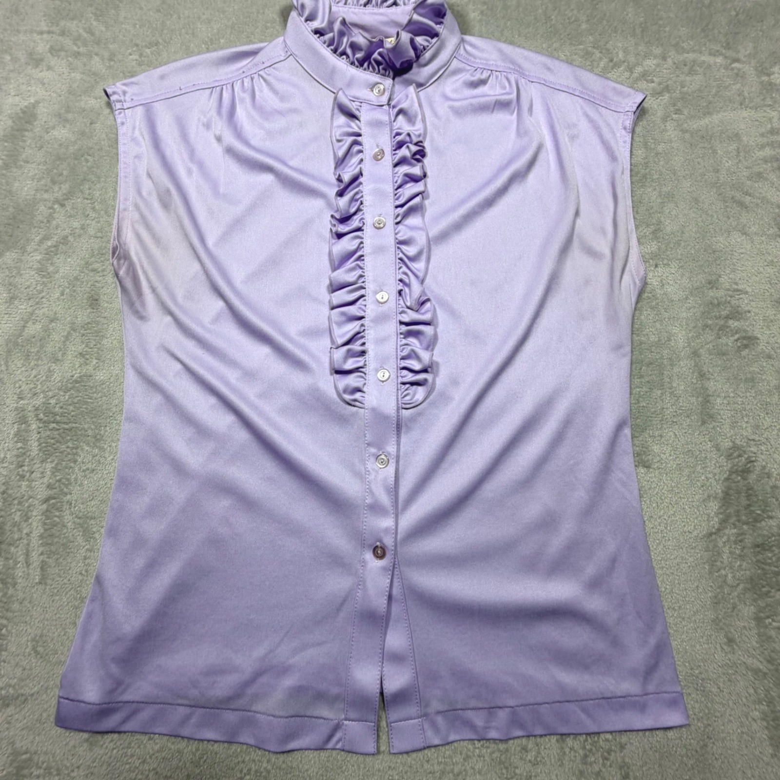 Vintage Gabrielle Lavender Ruffle Blouse Sleeveless Purple 70s Large 100 Poly