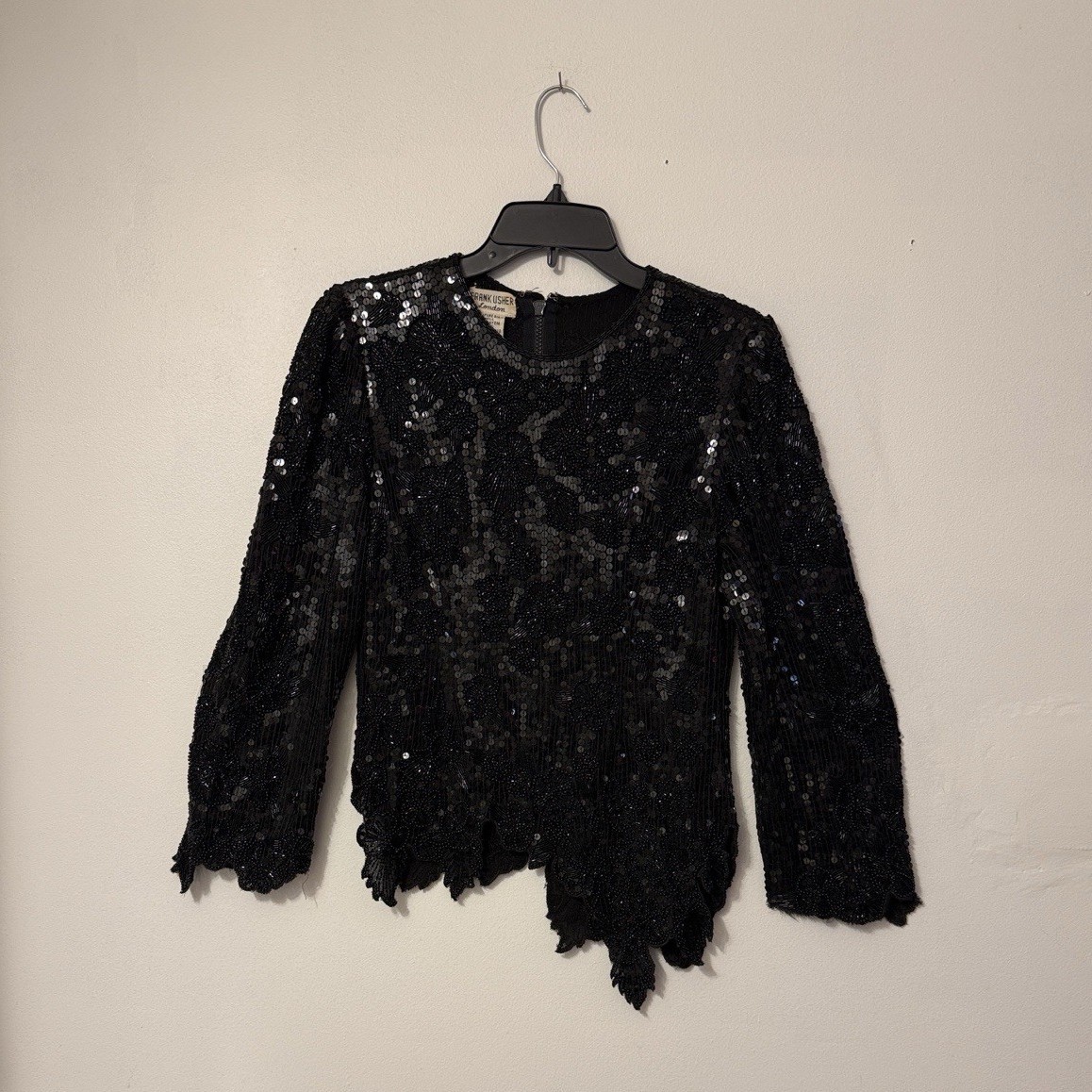 Frank Usher London Black Sequin Beaded Silk Top Small Zipper Back Vintage