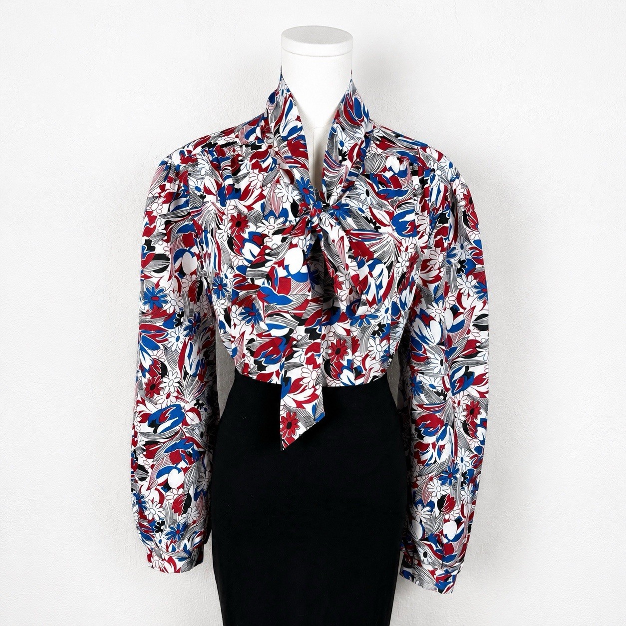 Vintage 70’s Burgundy, Blue, And White Secretary Blouse With Pussy Bow Size L XL