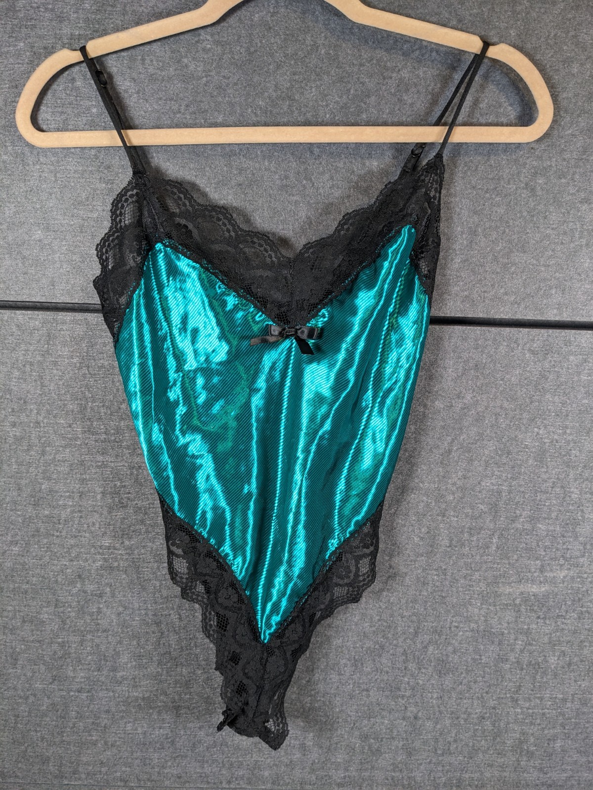 vintage Lady Cameo Dallas satin and lace teddy bodysuit in a teal green color