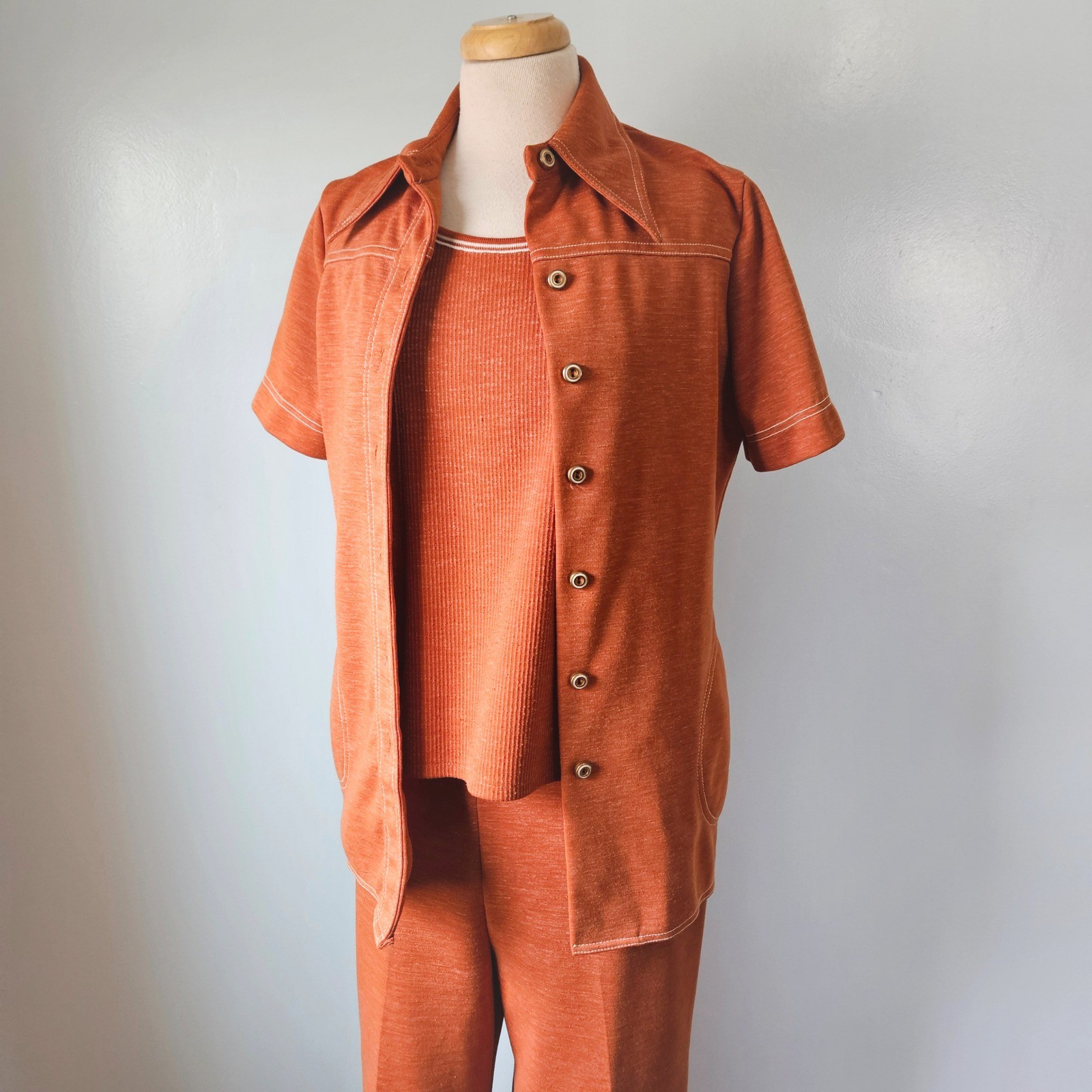Vtg Donkenny 70s 3 Piece Pant Set Leisure Suit Burnt Orange Rust Knit Wide Leg