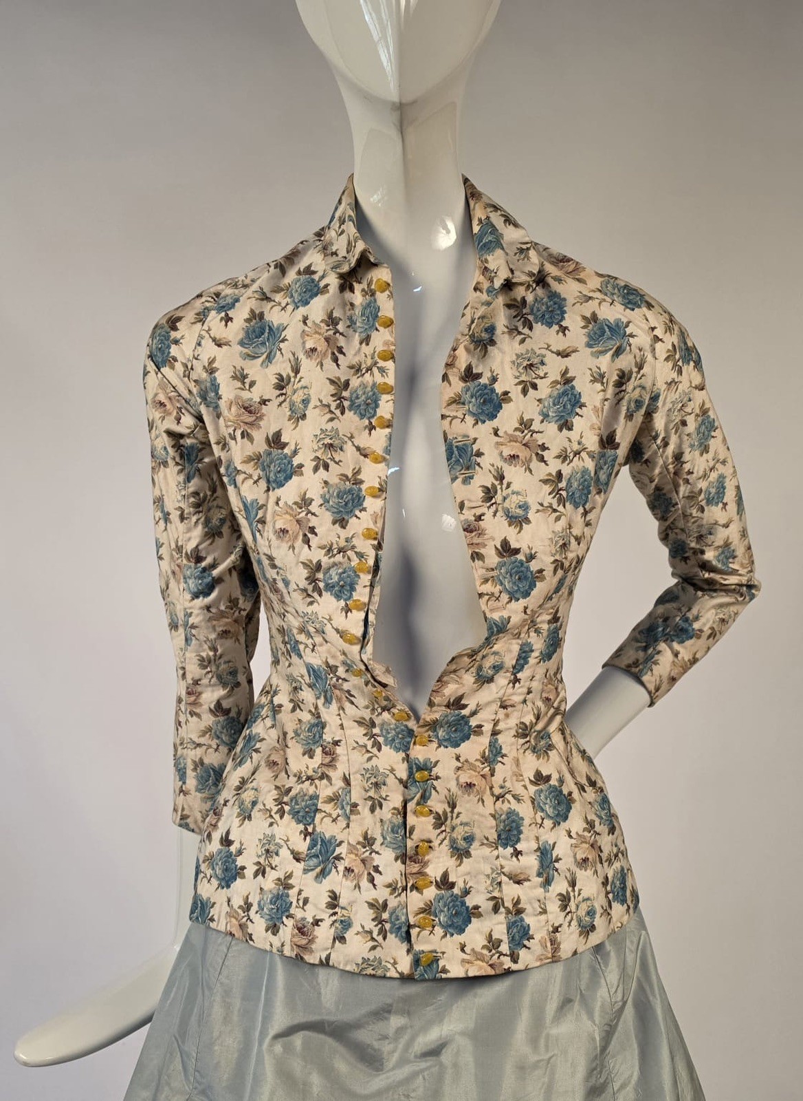 THE ULTIMATE VICTORIAN 1880’S PINK + BLUE ROSE PRINT BUSTLE JACKET XXS SIZE