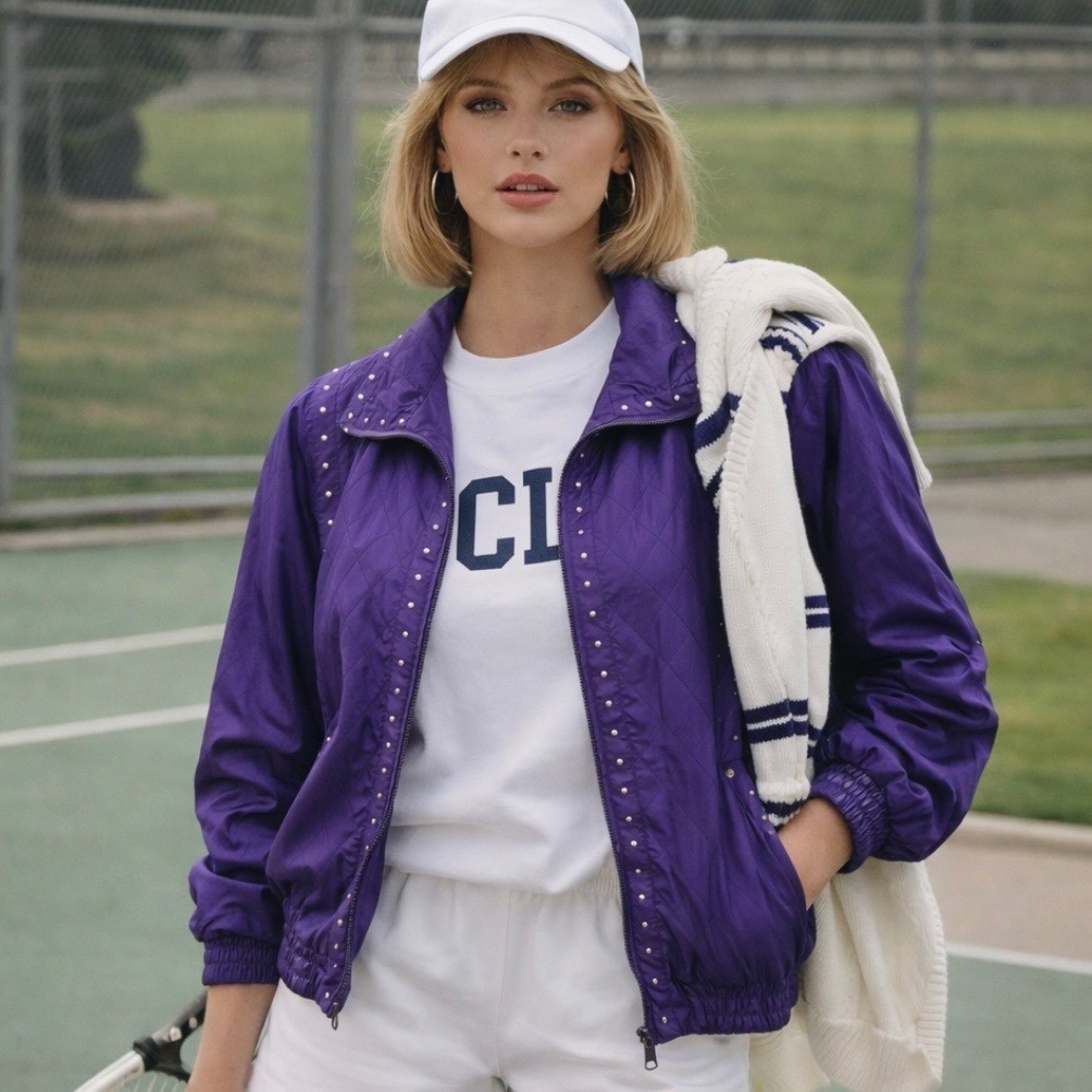 VTG Purple Silk Quilted Studded Windbreaker Bomber Track Jacket Sz L Pockets 80s