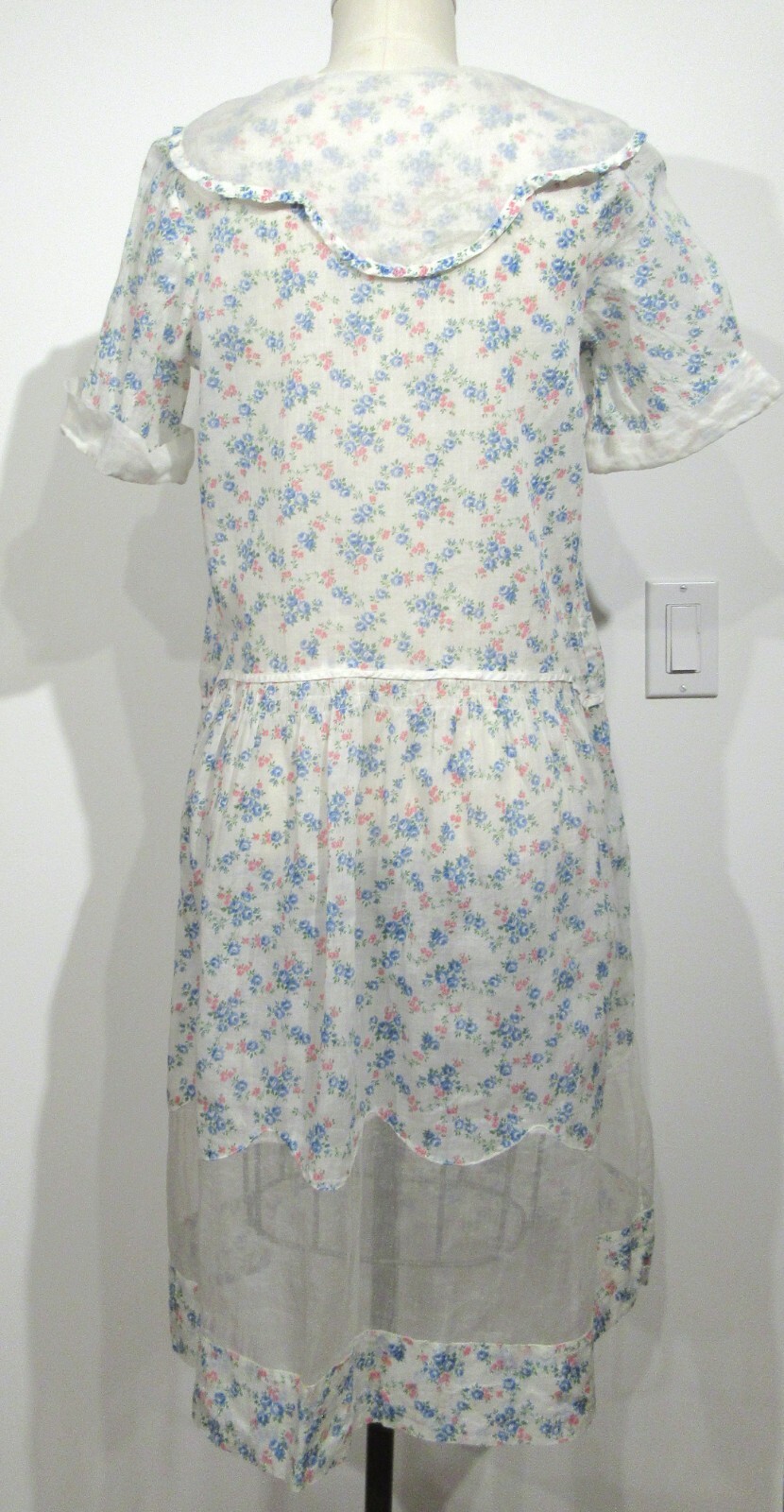 ANTIQUE VINTAGE DAY DRESS 1920S DROP WAIST COTTON FLORAL ORGANDY ART DECO M F4