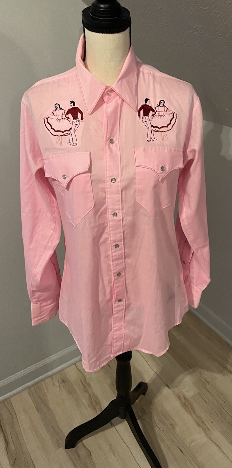 Vintage Rockmount Ranch Wear Snap Blouse Size 16 Western Polka Dancers Pink USA