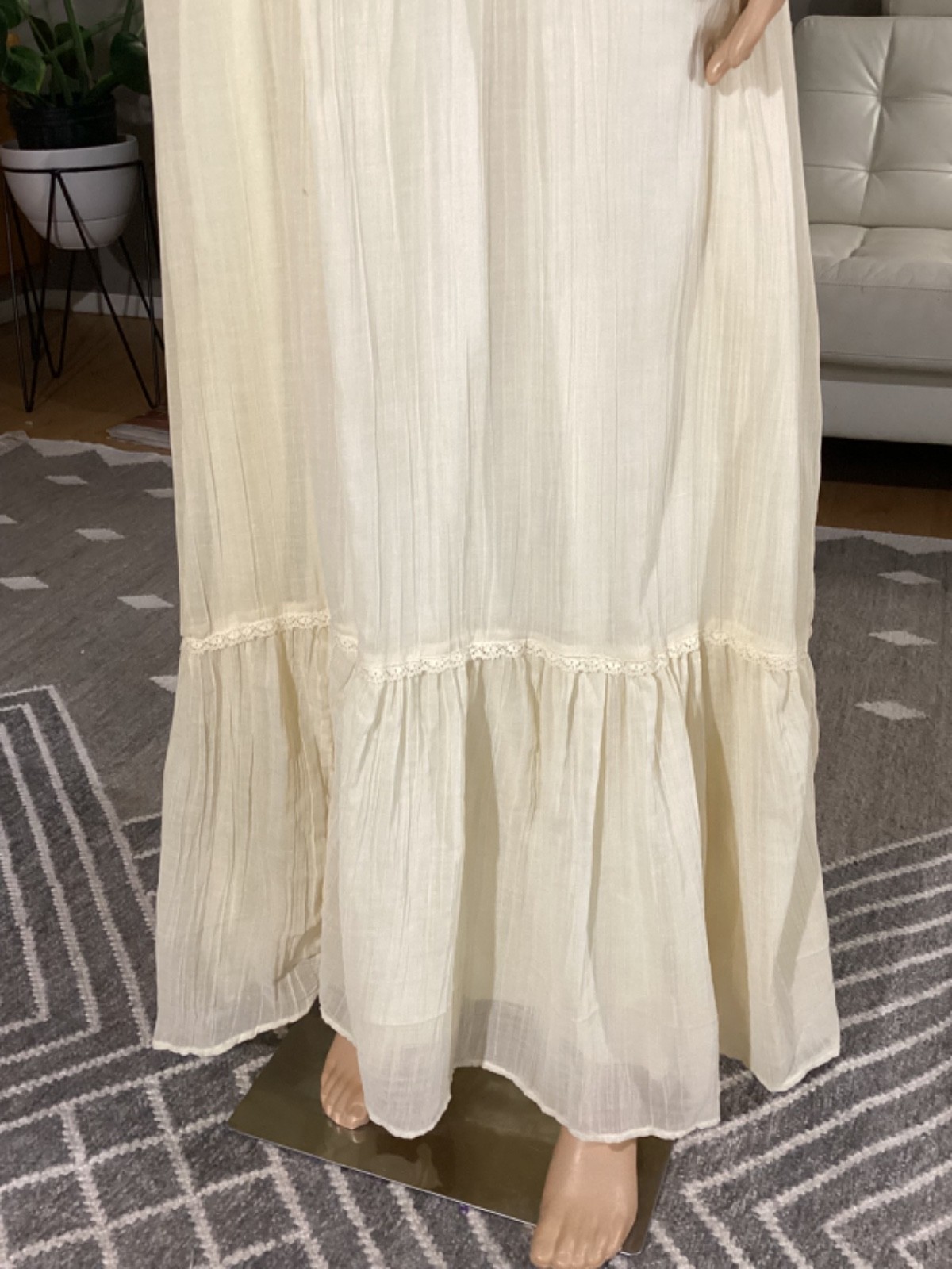 Vintage 1970&rsquo;s Creamy Ivory Gauze Boho Hippie Prairie Maxi Dress Lace Sz 12