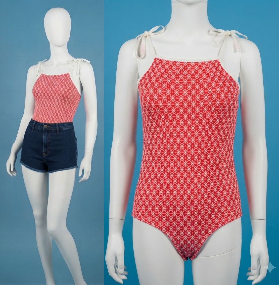 Vintage 1970s Sears Red And White Patterned Bodysuit With Tie Straps Size S