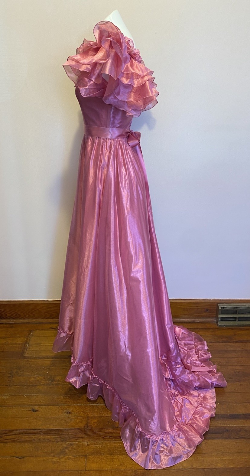 VTG Pink Poyester Taffeta Glinda Fairy Formal On/Off Shoulder Gown Train 5/6