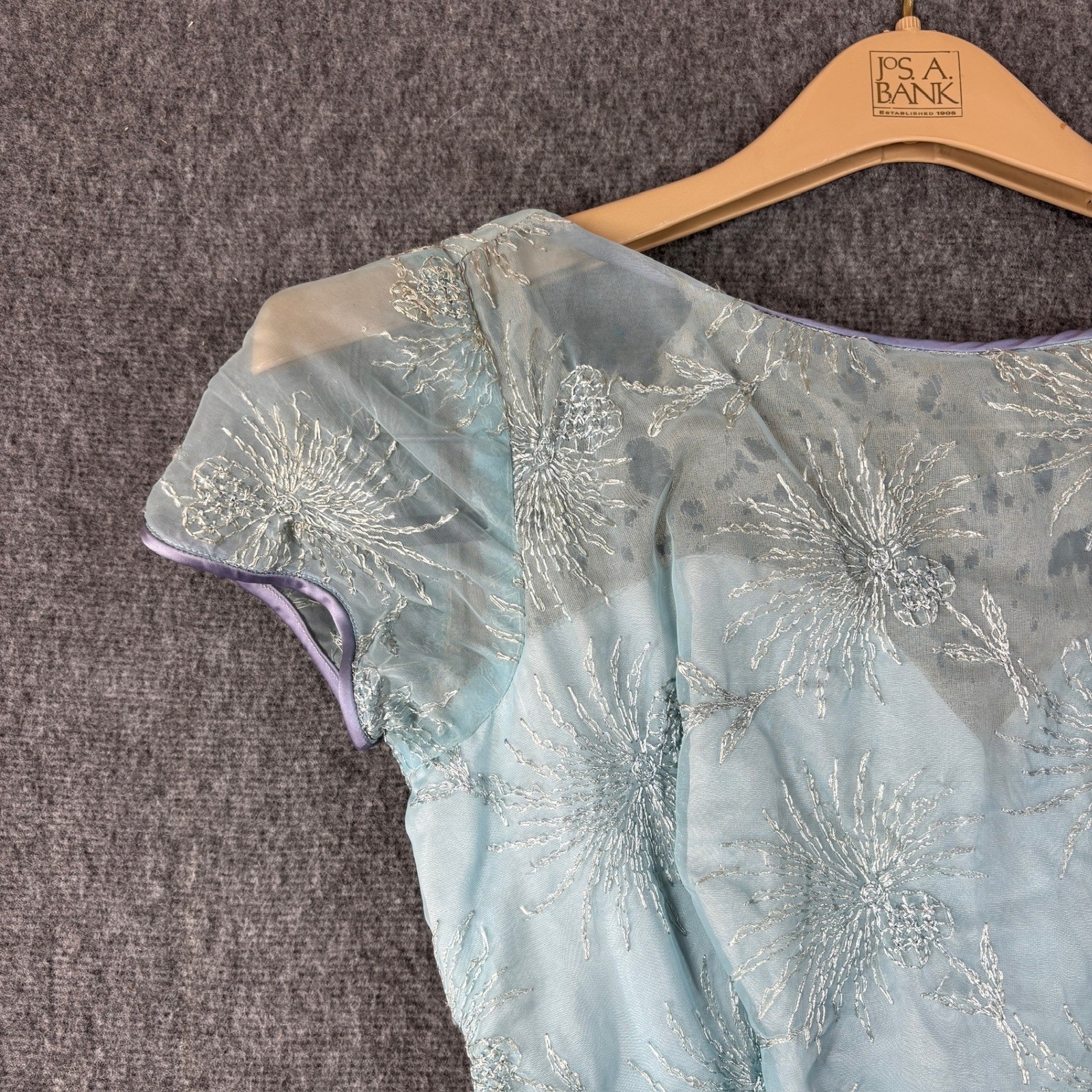Vintage 50s Blue Silver Embroidered Organza Tea Party Dress Lavender Waist