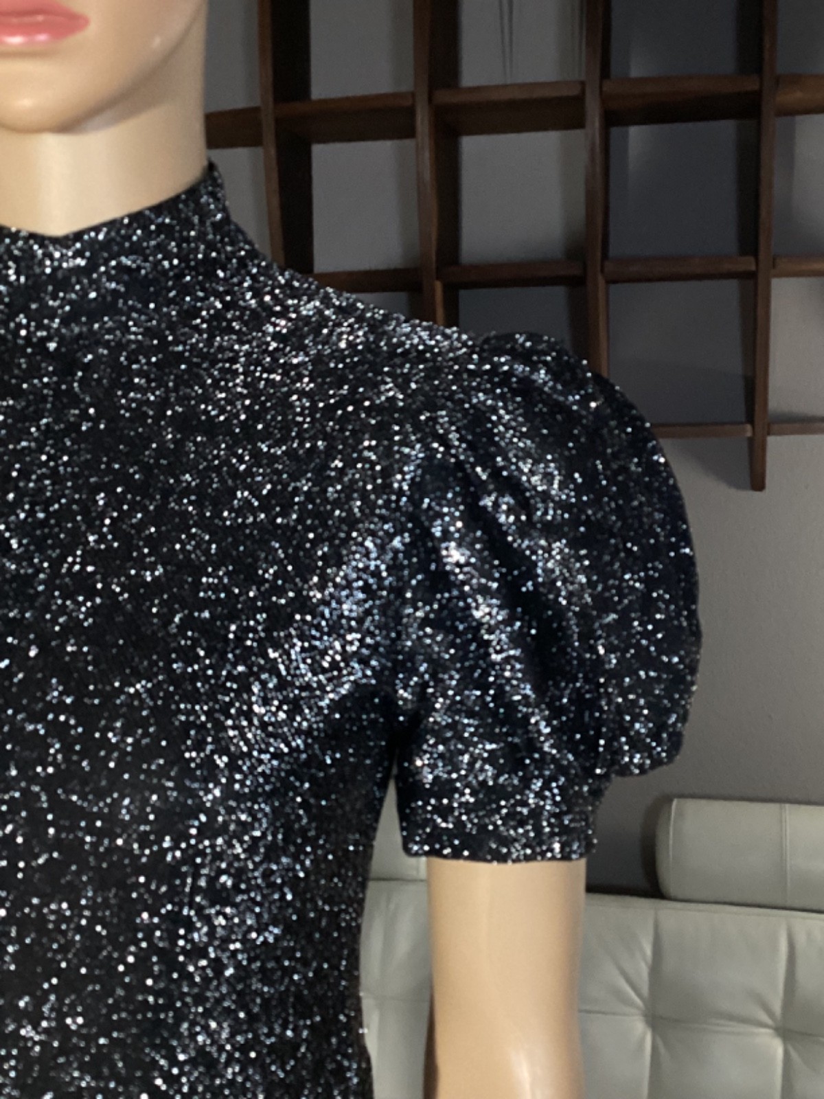Vintage 70&rsquo;s 80s Silver Metallic Black Disco Body Body Suit Puff Sleeves