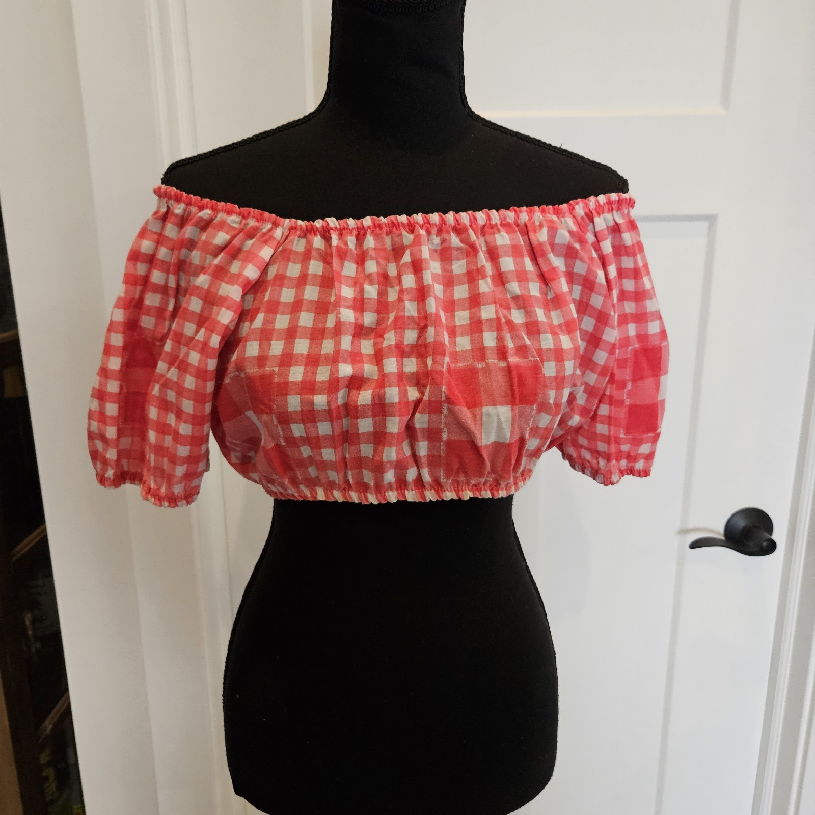 VTG 1970s Sears JR Bazaar Red/White Checker Gingham Off Shoulder Cotton Crop Top