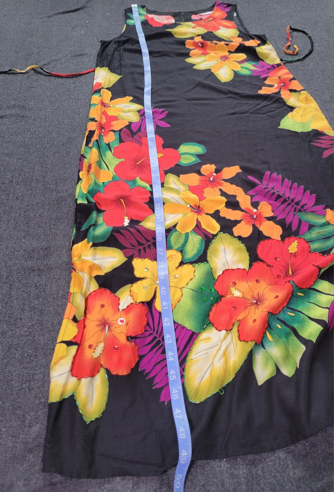 Vintage 80s 90s Black Floral Bright Hawaii Midi Dress Tie Back Shift M/L Beaded