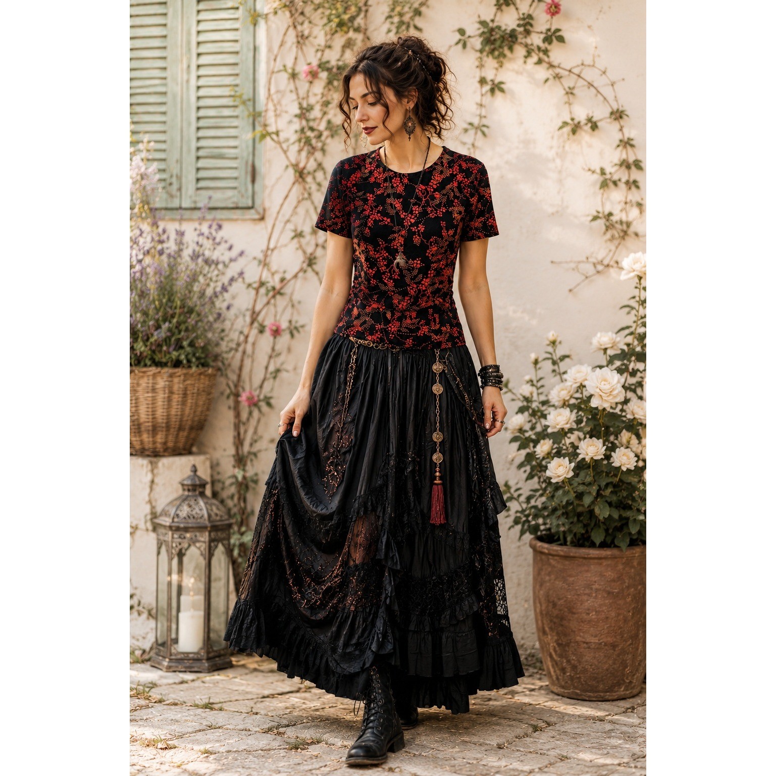 Whimsigoth Boho Glam Y2K Black Pink Glitter Floral Velvet Short Sleeve M/L Top