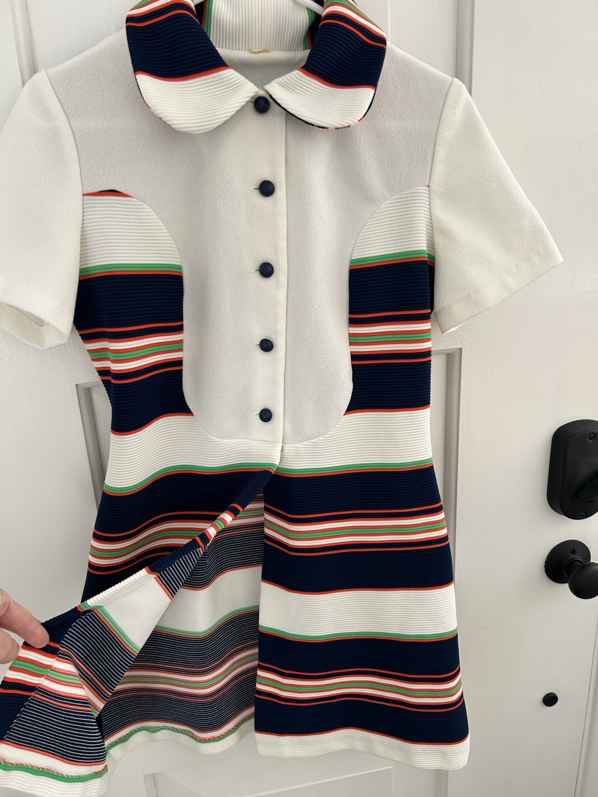 Vintage 70s Mod Stripe Dress Peter Pan Collar Fit Flare Retro A-Line Dress