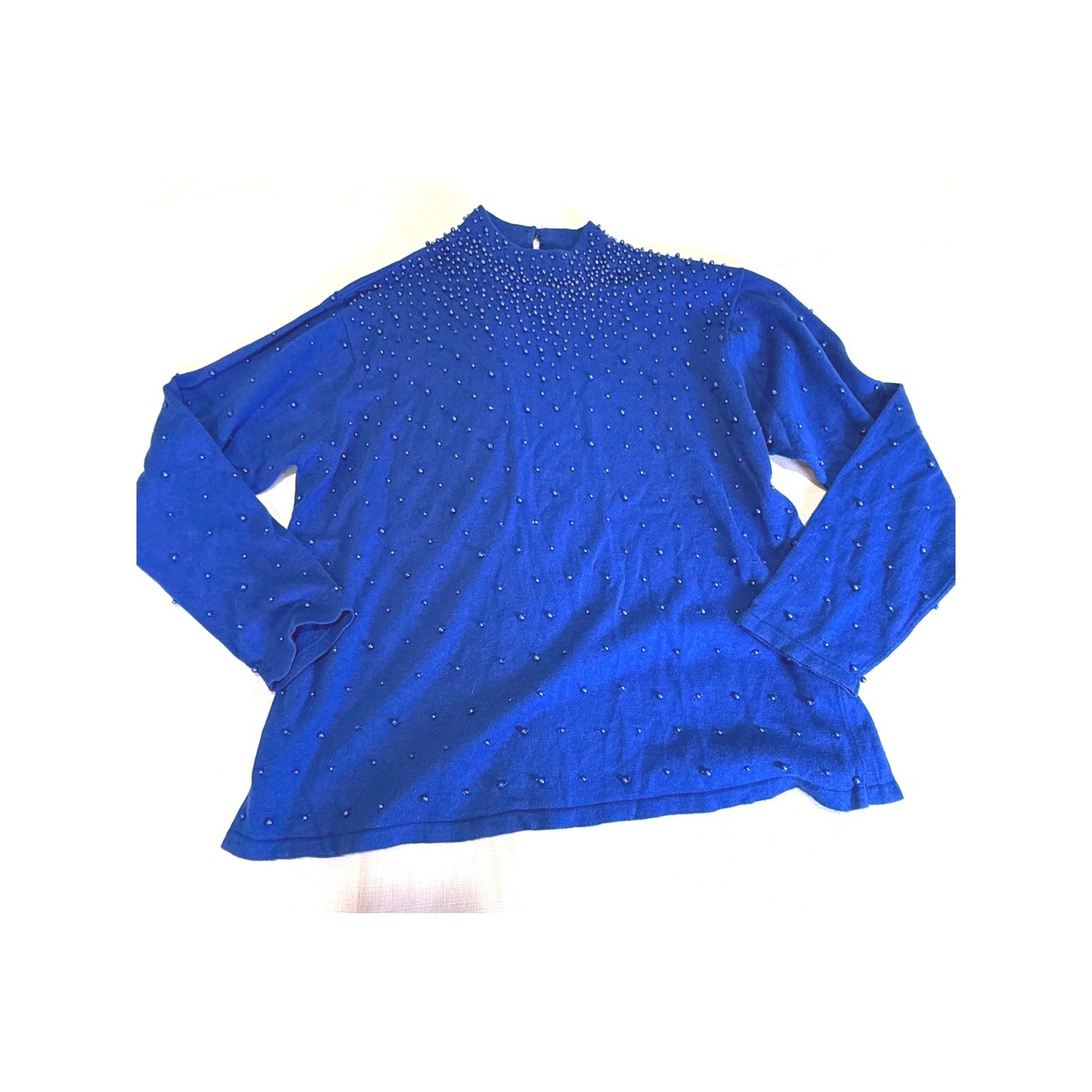 Vintage BFA Classics Beaded Sweater XL Royal Blue Ramie Cotton 90s Grandma Core