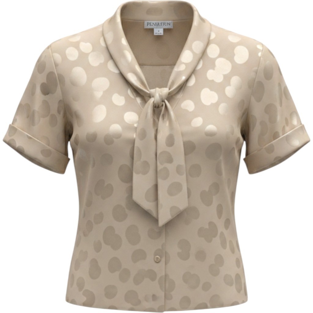 Pendleton Petite Vintage Champagne Beige Polka Dot Tie Neck Blouse Top Size 14P