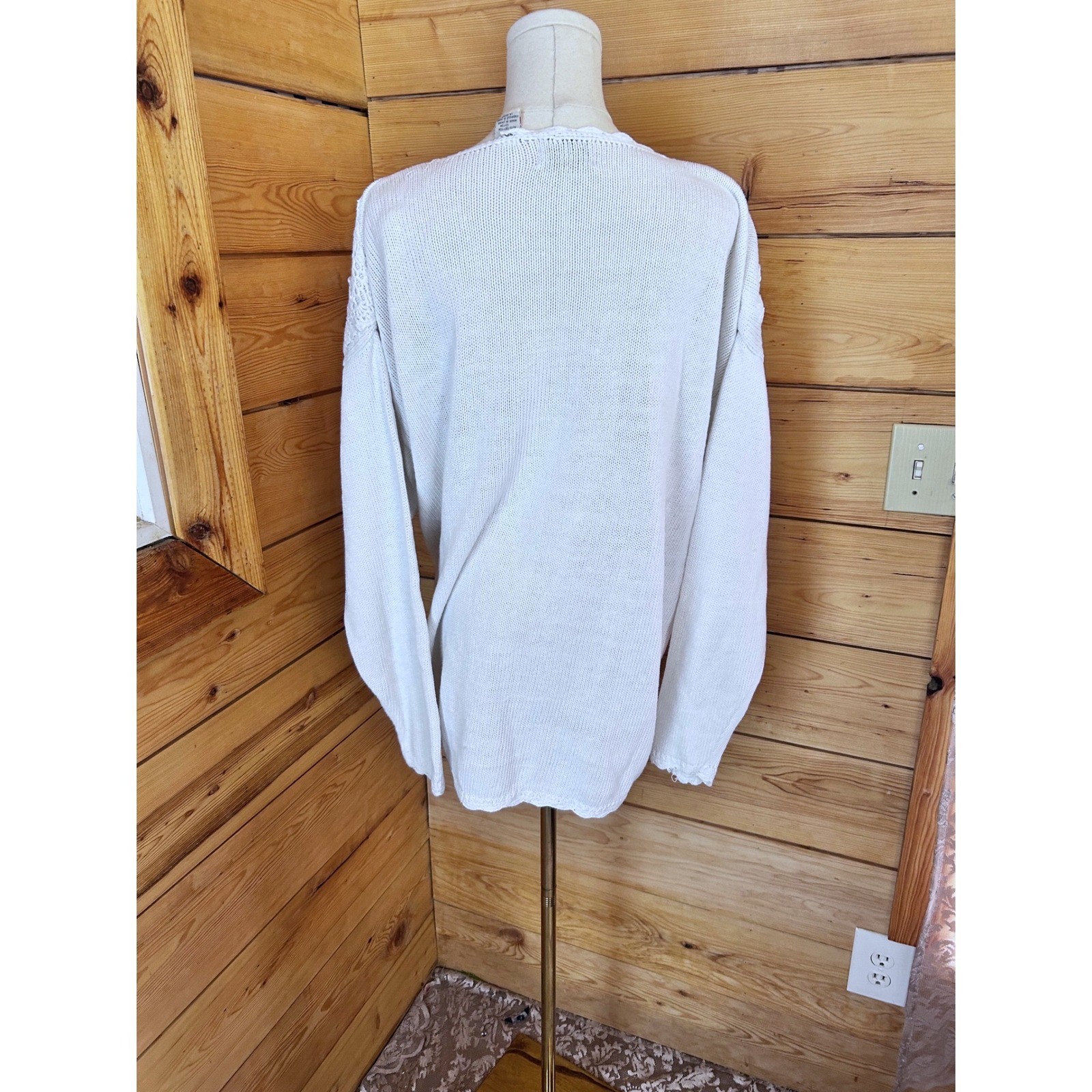 Vintage White Crochet Lace Patchwork Knit Sweater Womens Large Ramie Cotton 90&rsquo;s