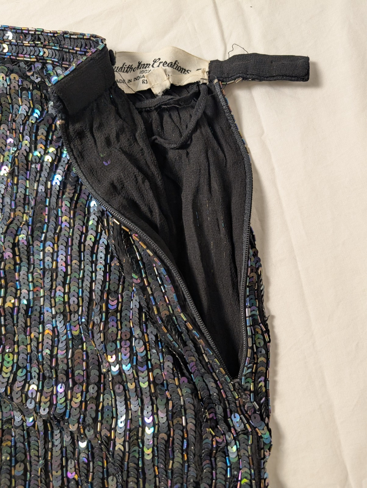 Vintage Hand Beaded Sequin 100% Silk Floral Judith Ann Creations Blouse Skirt L