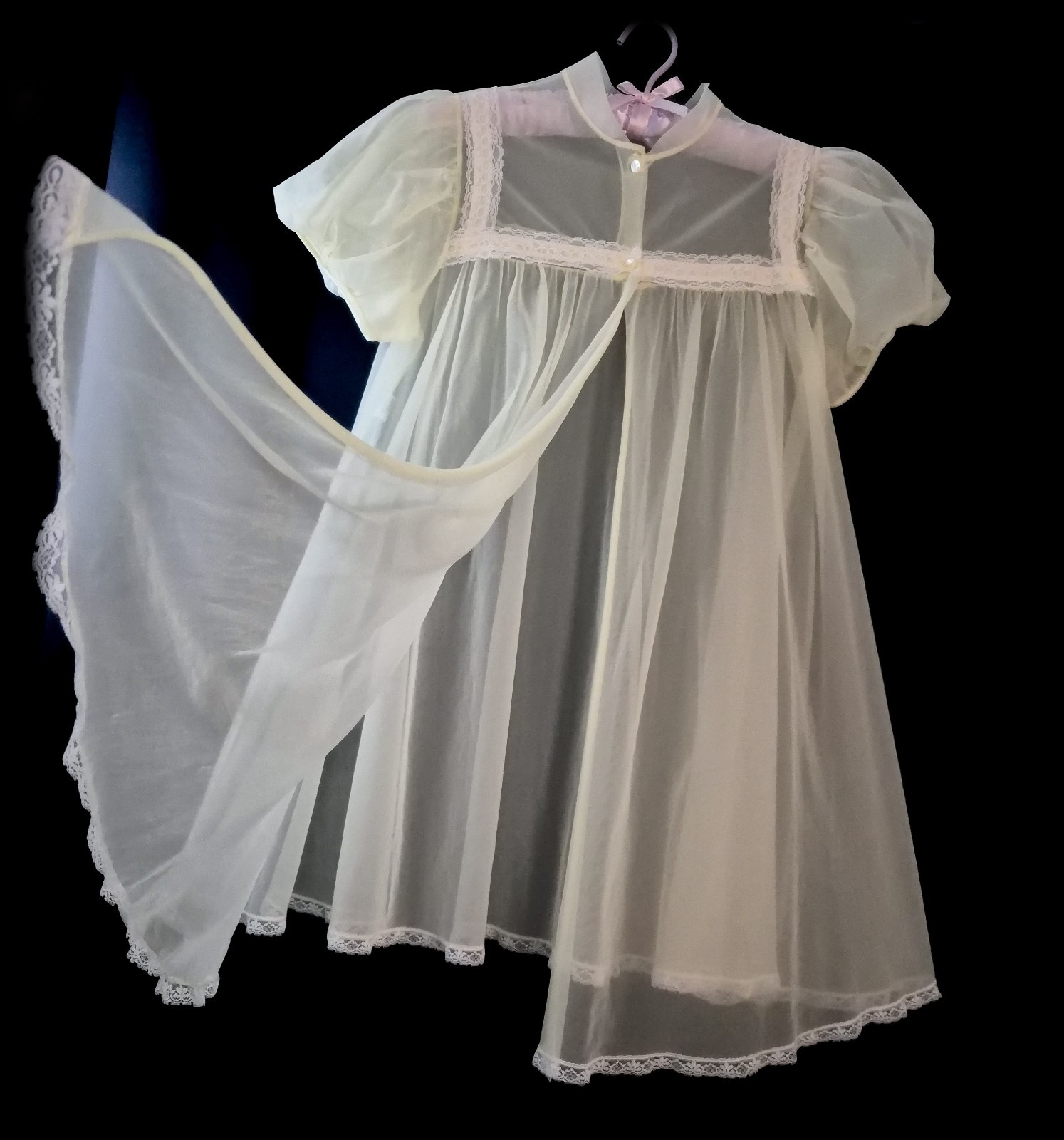 2pc Vintage YELLOW Nightgown PEIGNOIR Robe Set SHEER Chiffon BABYDOLL Dress XS/S
