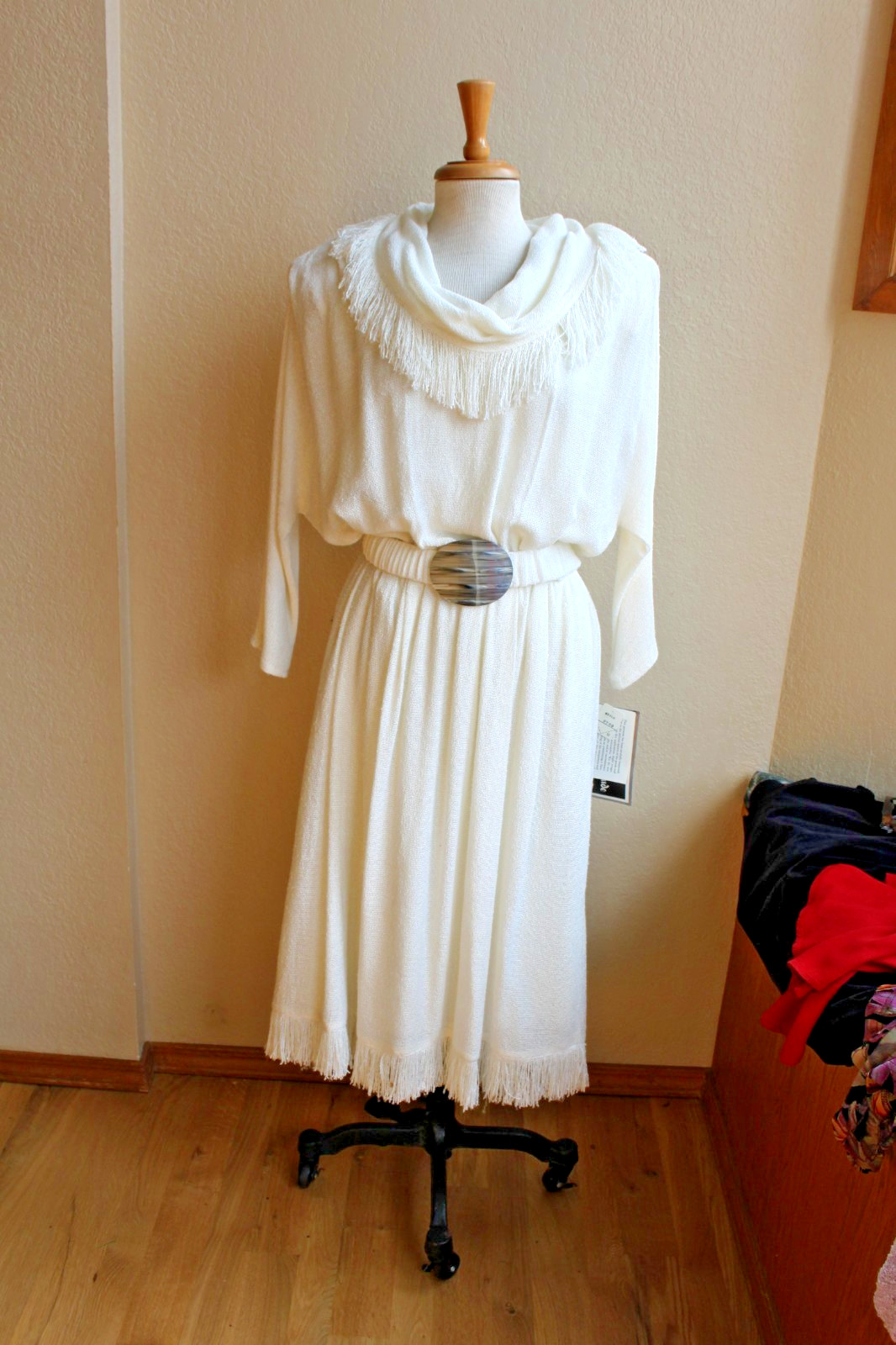 Vintage 80&rsquo;s NWT Cream Knit Fringed Cowl Neck Dress M