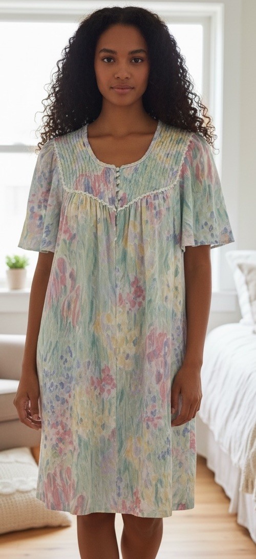 Vintage APPEL House Dress Robe Medium Multi Floral Sheersucker Front Zip EC