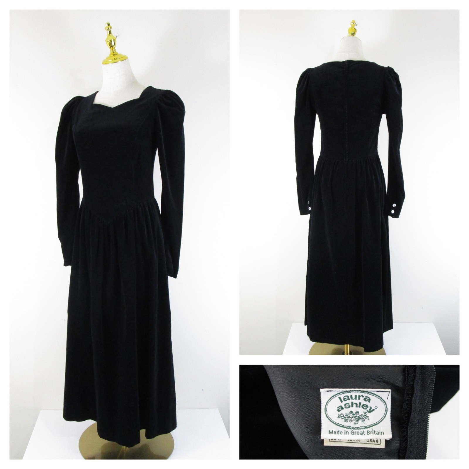 Vintage Laura Ashley Solid black Velvet Victorian Long Sleeve Dress Size 8