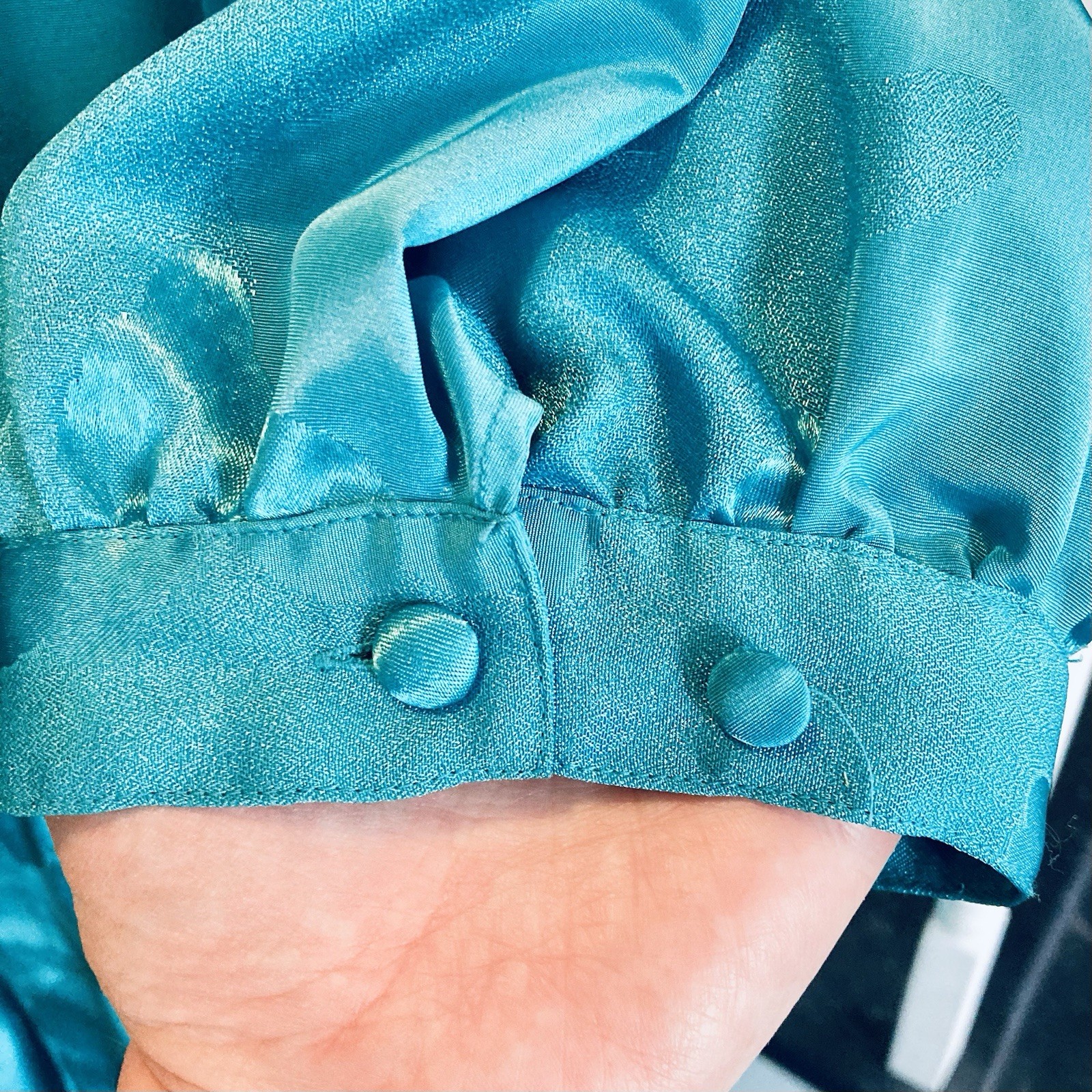 1980s Floral Teal Satin Midi Dress Quilted Belt Peter Pan Collar Wear To Work