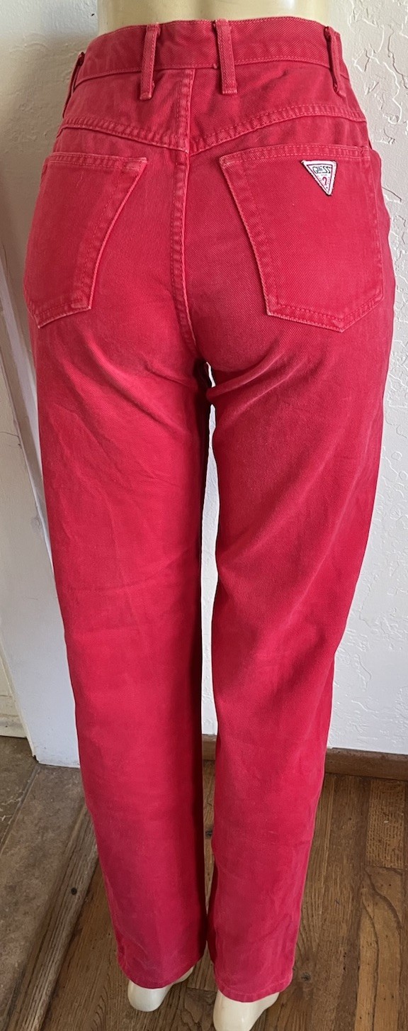 Vintage 1990s Guess Jeans High Rise Scarlet Red Denim Barrel Tapered Mom USA 28