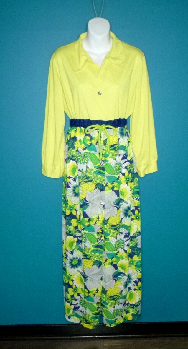 Vtg 60s 70s Philmaid Groovy Tricot Nylon Flower Power Robe Yellow Blue Sz L