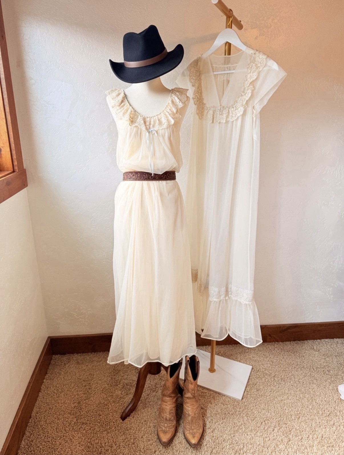 Vintage Shadowline Peignoir Set | Sheer Ivory Nightgown & Robe Lace Romantic XS