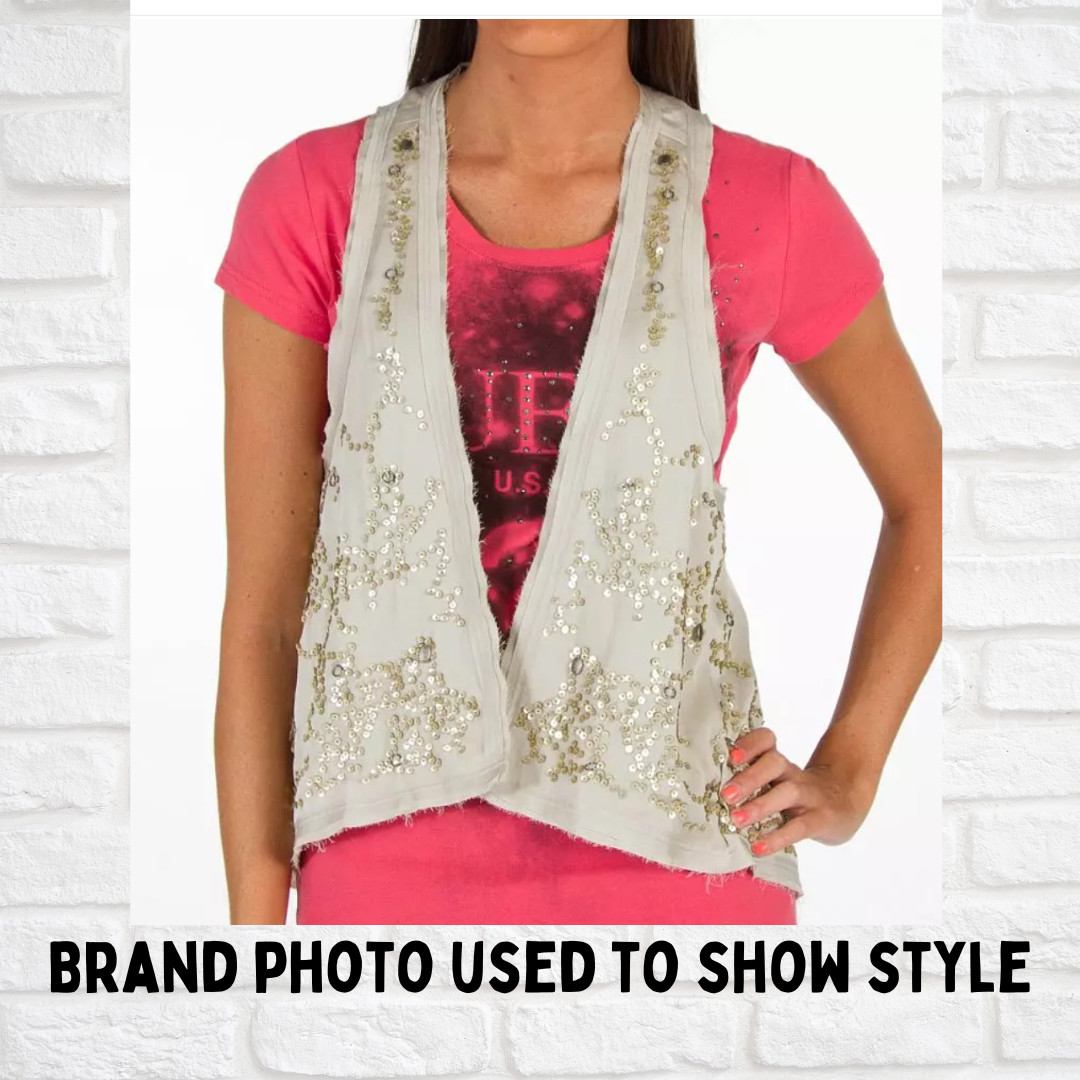 Guess Light Beige Cropped Vest, Distressed Sequin Bead Accent, Raw Edge, Medium