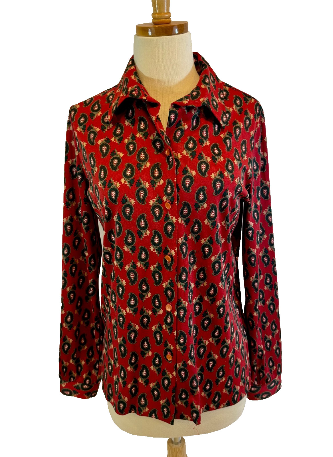 1970s Graff Californiawear Red and Navy Polyester Knit Paisley Blouse – S/M
