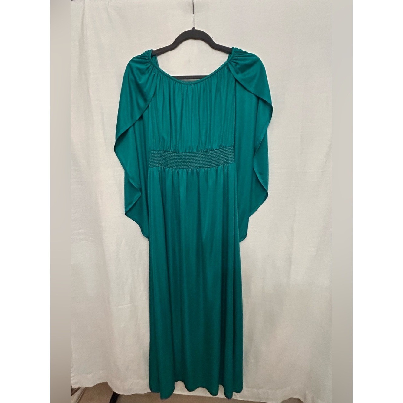 True Vintage Circa 70s/80s Teal Maxi Dress with Smocked Waist and Attached Cape