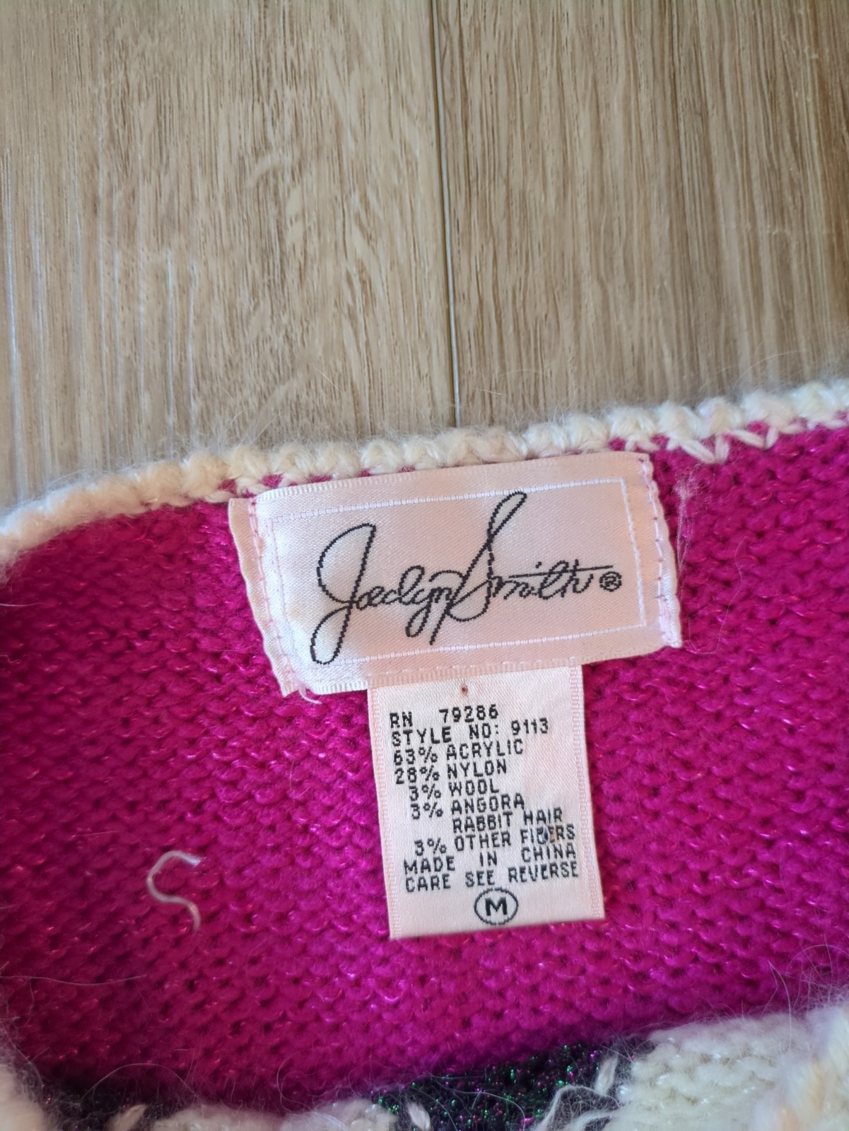 Vintage Bold Geometric Angora Wool Blend Top Fuschia Embellished 80s Mom Sweater
