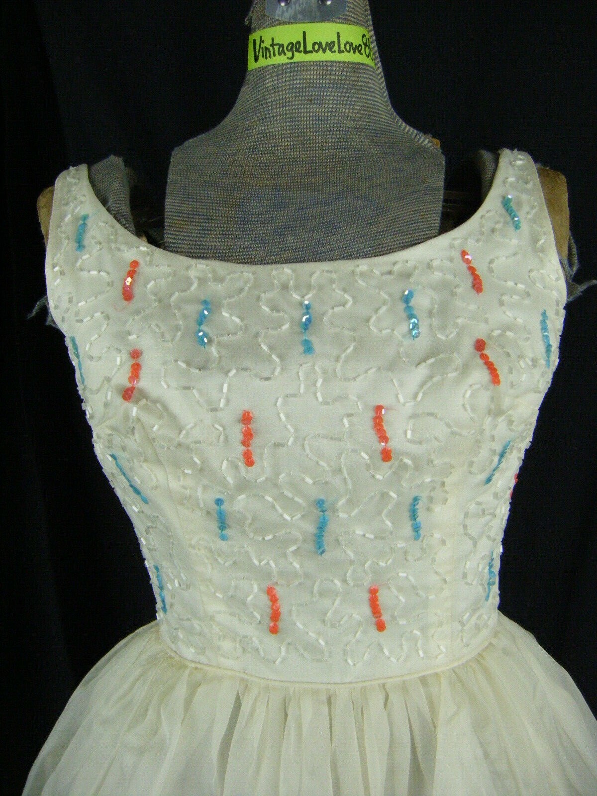 CAREER GIRL Vtg 50s Ivory Crepe/Coral Blue Sequin Beaded Party Dress-Bust 31/2XS