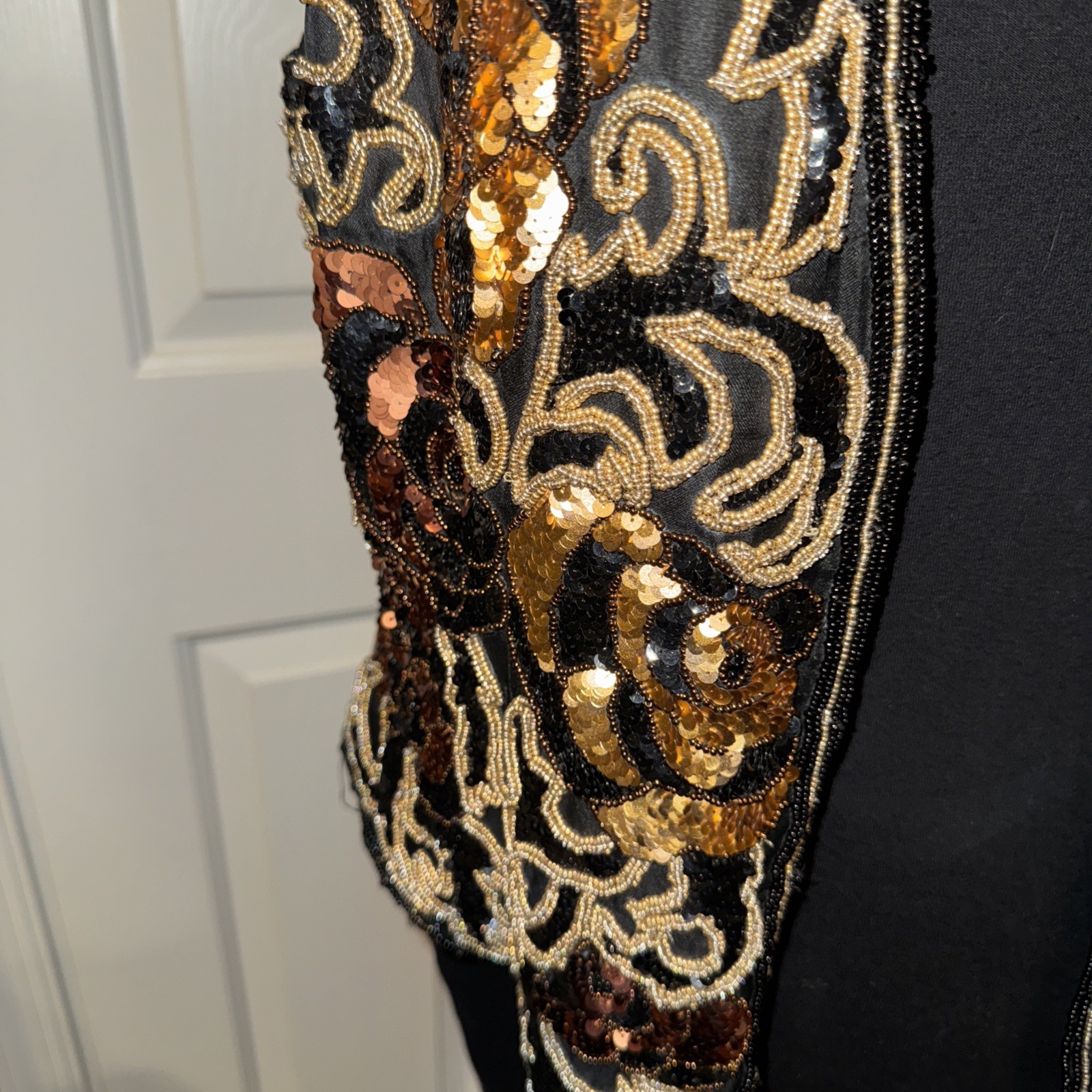 VINTAGE 80&rsquo;s Silk Beaded Sequin Vest BLACK TIE BY HE-RO Black Gold Copper L