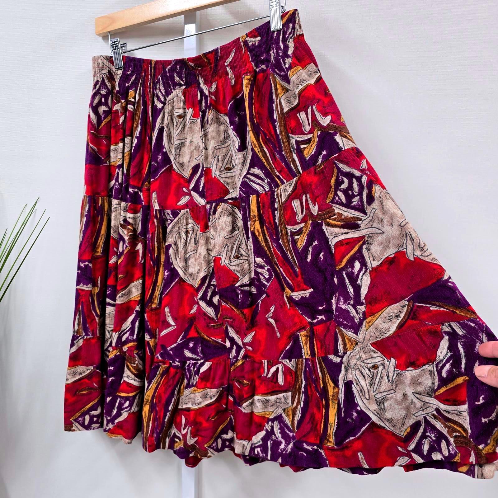 Fritzi California Vintage 90s Abstract Print Tiered Midi Skirt Red Purple L