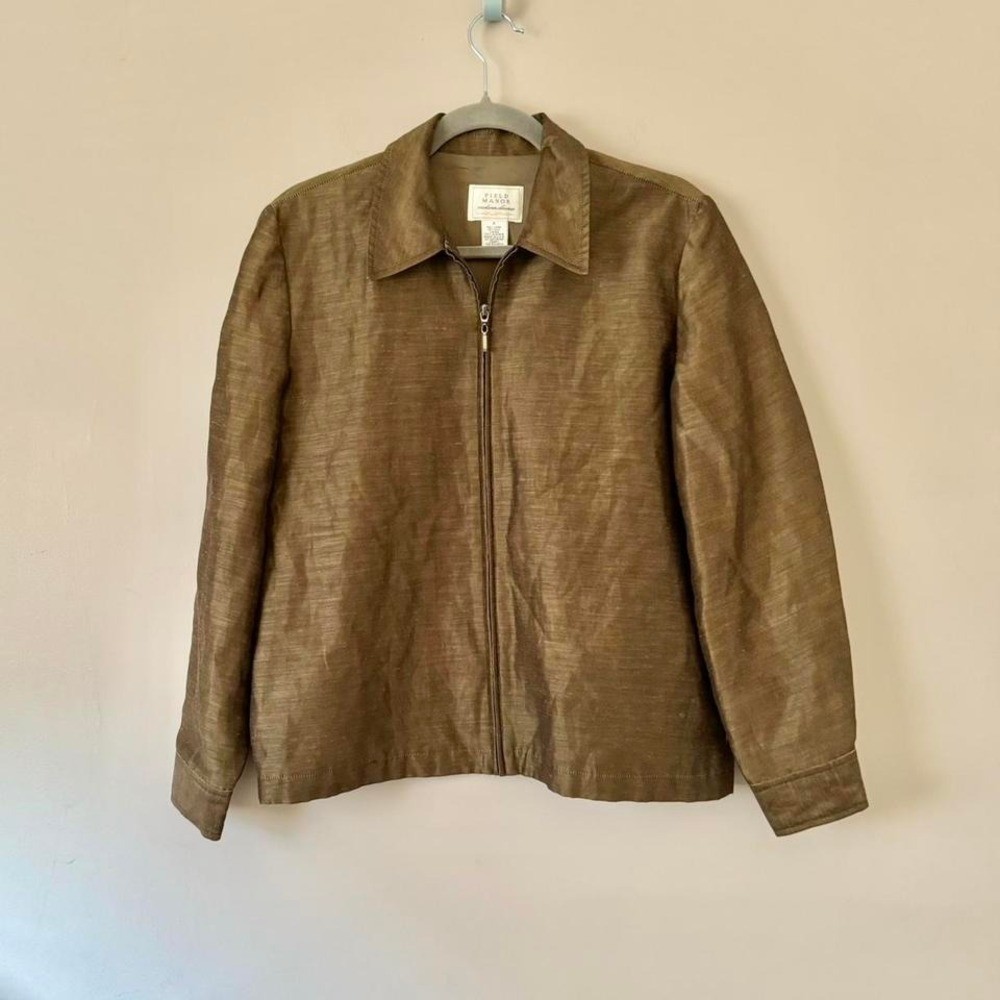 Vintage Linen Silk Bronze Zip Up Jacket Bronze Gold Lightweight Metallic