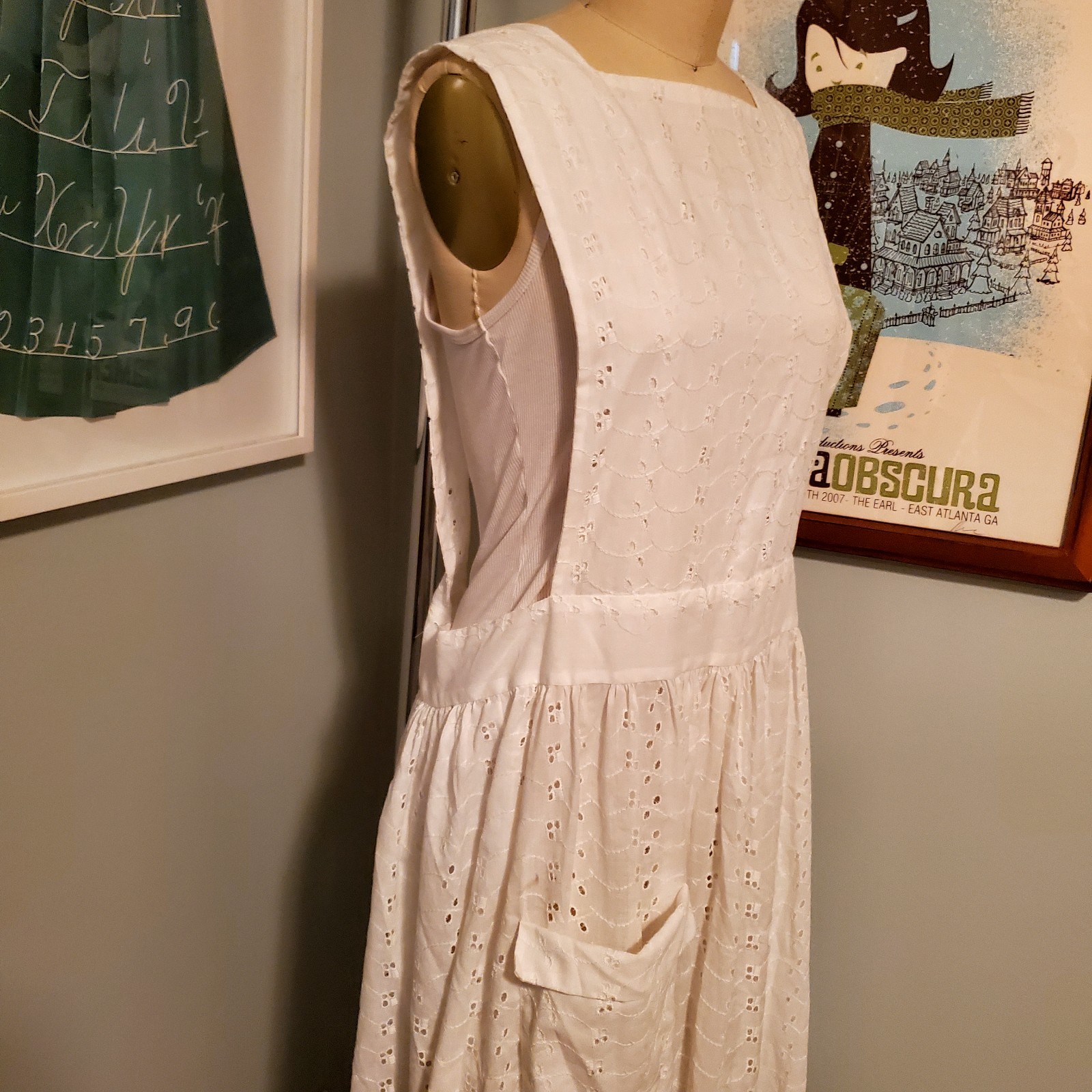 Vintage Home-made White Cotton Eyelet Pinafore Dress/Ankle Length Apron