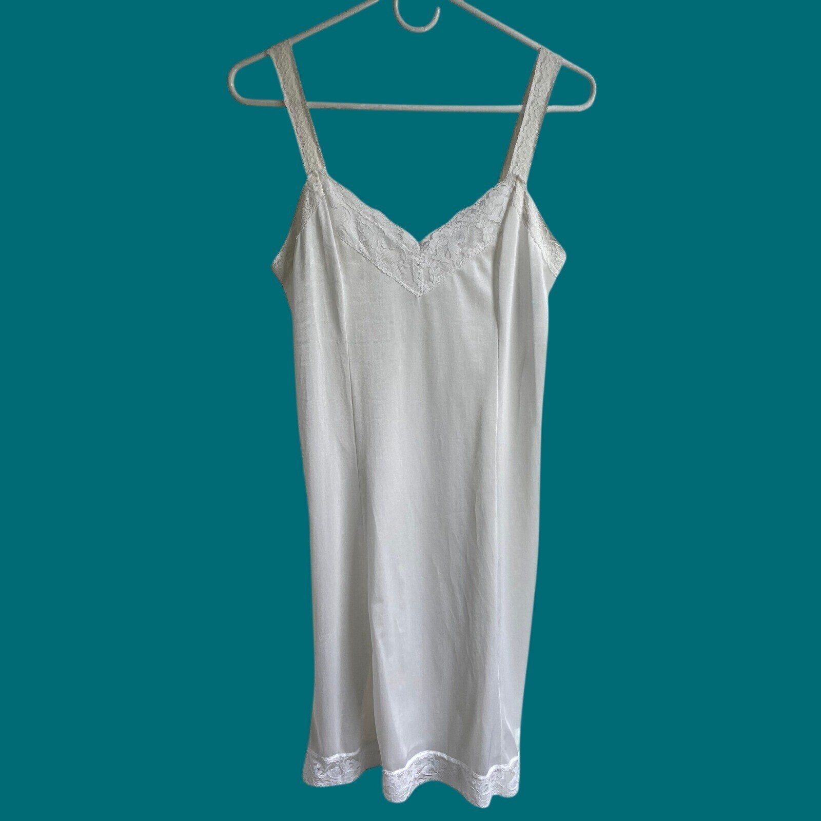 Vintage White Lace Full Slip Dress Semi Sheer Lingerie Nightgown Coquette S